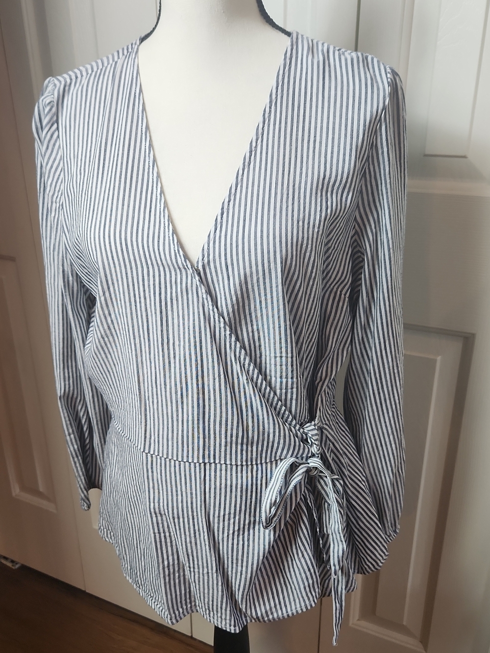 Old Navy Navy and White Striped Wrap Blouse